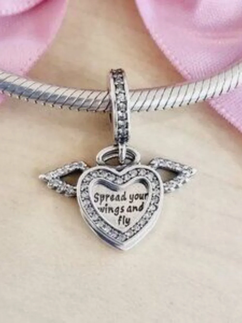 Pandora Heart and Angel Wings Dangle Cubic Zirconia Charm